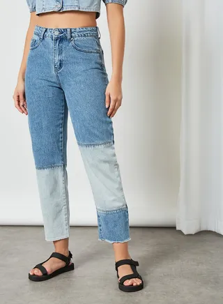 High Waist Cut and Sew Straight Jeans Blue 
