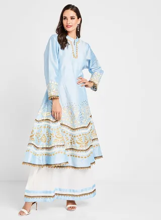 Metallic Trim and Embroidered Jalabiya Blue 