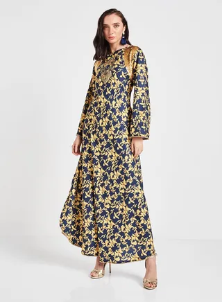 Damask Printed Jalabiya Navy Blue/Yellow 