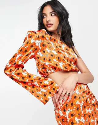 Topshop satin one shoulder poppy print crop top in red - part of a set