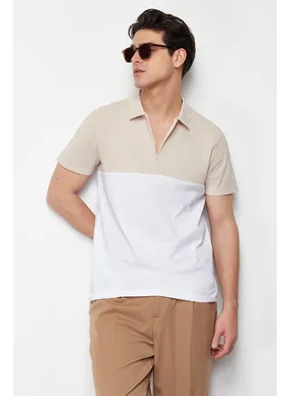 Stone Men's Color Block Slim Fit Zippered  Polo Neck T-shirt 