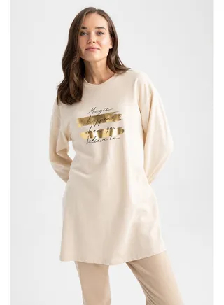 Woman Relax Fit C Neck Long Sleeve Knitted Sweat Tunic 