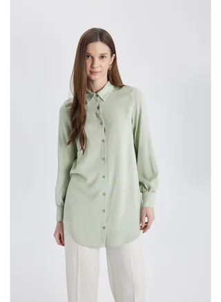 Woman Regular Fit Shirt Neck Woven Long Sleeve Tunic 