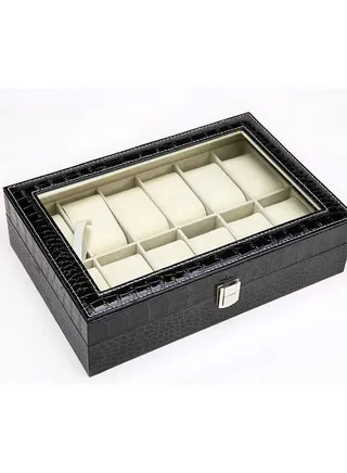 Jewelry Box Storage for Men Women PU Leather Crocodile grain Watch Box Organizer with Glass Display. 