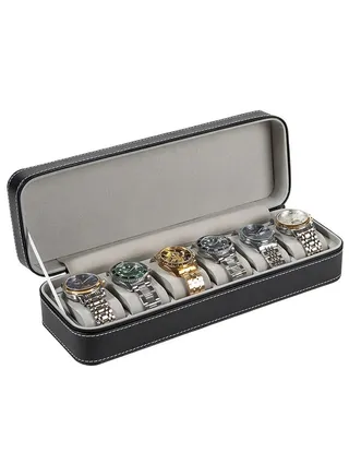 6-Slot PU Leather Watch Box Black 