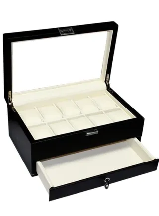 Premium PU Leather Watch Box, Watch Holder, Watch Organizer with Glass Lid, Watch Case with Removable Watch Pillow, Velvet Lining, Metal Clasp, Watch Display (10 Slot) Size: 30x19x13CM 