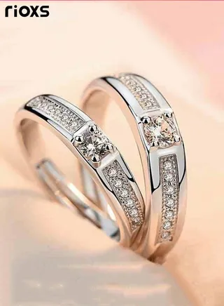 Simple Shining Couple Rings Rhinestone Adjustable Open Silver Plated Ring Set for Female and Male 