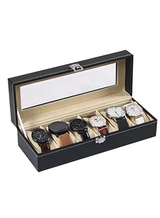 Long Men Watch Organizer Case For Men Watch Travel Storage Box For Women 6 Slot PU Leather Watch Display Holder Black leather 