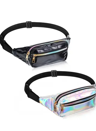 2 Piece Waist Pack Shiny Holographic Waterproof Neon Holiday Ladies, Men'S Outdoor Sports Cell Phone (Silver, Black) 
