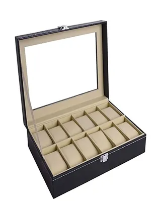 Leather 12 Watch Box Glass Top Jewelry Display Case Organizer,Beige Pillows,Black 