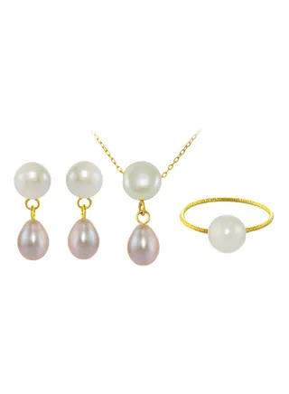 Set of 3 18 Karat Gold Button Pearl Drop Necklace Earrings and Ring 