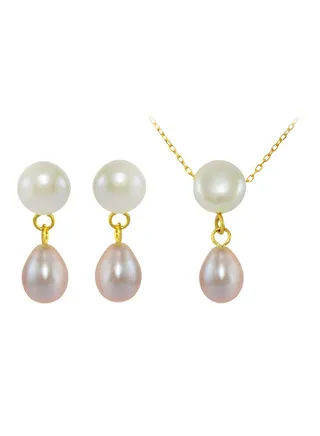 Set of 2 18 Karat Gold Button Pearl Drop Necklace and Earrings 