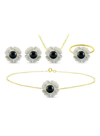 Set of 3 18 Karat Gold Mother Of Pearl Flower Design With Pearl Necklace, Bracelet and Earrings 