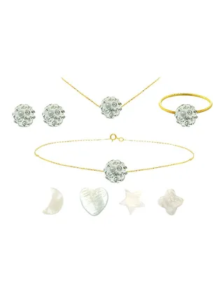 Set of 4 18 Karat Gold Crystal Ball With 4 Piece Charm Bracelet Necklace Earrings and Ring 