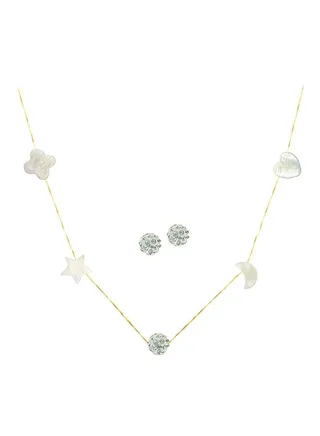 Set of 2 18 Karat  Gold Gradual Built In Mother Of Pearl And Crystal Ball Necklace and Earrings 
