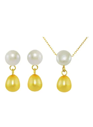 Set of 2 18 Karat Gold Button Pearl Drop Necklace and Earrings 