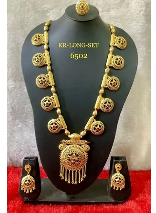 Arabic Women Imitation Artificial Jewellery  Long Set 4 Piece Neckless , Earing , Rings Gold Plated 6502 