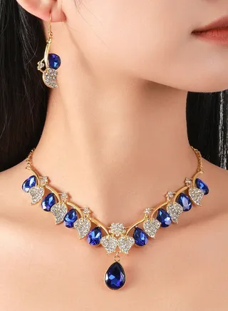 2 pieces Jewelry Set of Necklace Earrings Shiny Leave Shape Elegant Rhinestone Jewellery Set for Women Ladies Gift for Girlfriend Wife Mother Bridesmaids Feast Wedding Accessories Fashionable 