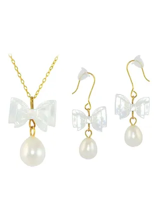 10 Karat Gold Pearl And Bow Mother Of Pearl Jewellery Set 