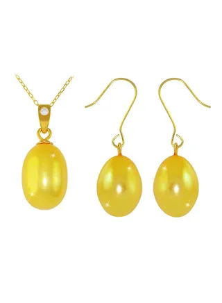 18K Gold Pearl Diamond Pendant Jewellery Set 