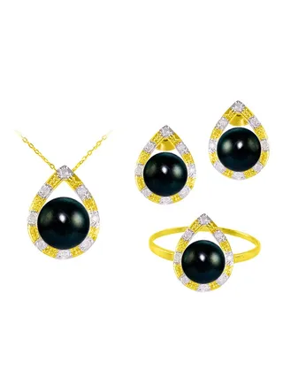 3-Piece 18 Karat Solid Gold 0.32 Carat Diamonds With 7 mm Pearl Drop Jewellery 