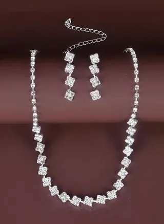 3Pcs Crystal Rhinestone Jewelry Set Stylish Elegant Classic Square Necklace Zircon Earrings Minimalist Gift for Women Ladies Mother Wife Wedding Party Sliver 