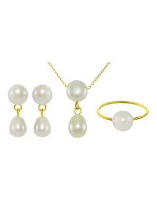 18 Karat Yellow Gold Pearl Drop Jewellery Set 
