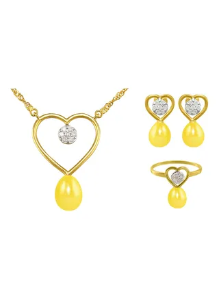 18 Karat Gold Diamonds Pearls Solitaire Heart 3 Piece Jewellery Set 
