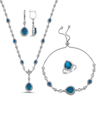 925 Silver-Drop Aqua Marine CZ Bridal Set-Light Blue-Rhodium Plated-High-Quality Jewelry in UAE Dubai 100% Precious Metal Gift for Women-EMNON128SE-S85500 