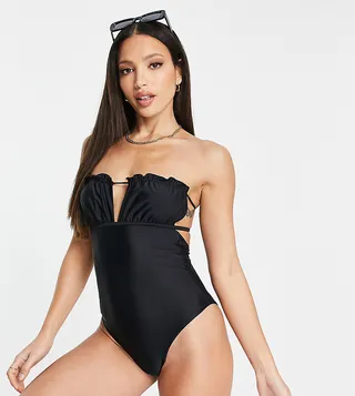 ASOS DESIGN Tall bandeau frill swimsuit in black