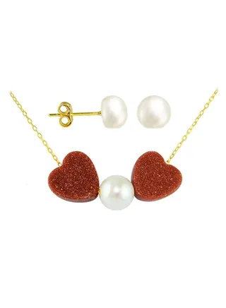 18 Karat Gold Heart Sandstone And Pearl Necklace And Earrings Set 
