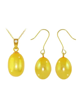 18K Gold Pearl Diamond Pendant Jewellery Set 