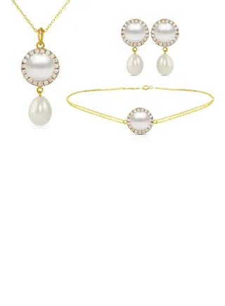 18 Karat Gold 0.40 ct Genuine Diamonds And Pearl 3 Piece Jewellery Set 