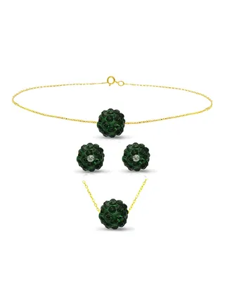 18 Karat Solid Yellow Gold Simple 10 mm Crystal Ball Earrings With Pendant Necklace And Bracelet 