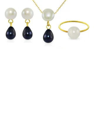 18 Karat Yellow Gold Button Pearl Drop Jewellery Set 