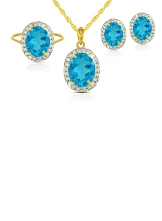18K Gold Genuine Diamond Swiss Blue Topaz Jewellery Set 0.48 Carat 