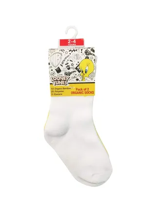 Tweety Bamboo Cotton Sock - Solid (Pack Of 2) - White & Yellow 2-4Y 
