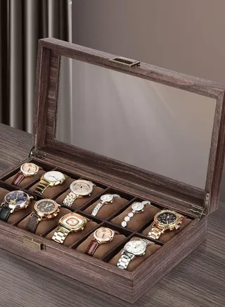 12 Slot Watch Box Glass Top Watch Display Organizer Case Large Jewelry Watches Storage Holder 