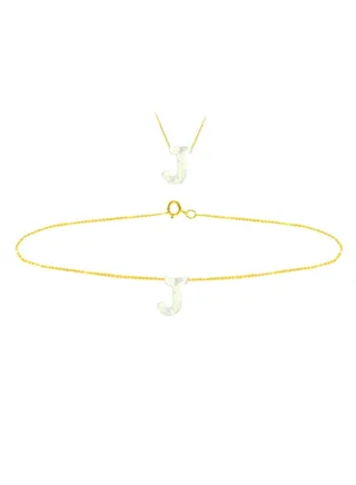 18 Karat Gold J Letter Mother Of Pearl Jewellery Set 