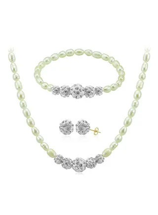 10K Gradual Crystal Balls And Pearls Strand Jewellery Set 