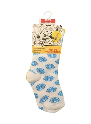 Tweety Bamboo Cotton Sock - Printed (Pack Of 3) - White/Yellow/Pink 12-24M 