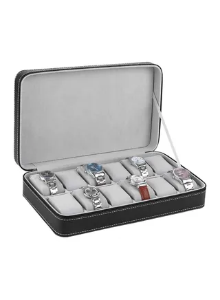 Watch Box Organizer for Men, 12 Grid Watch Storage Box, PU Leather Watch Organizer Case Watch Zipper Display Case for Men Women, Fits Most Watch Band, Not Include Watch, 1 Pcs (Black) 