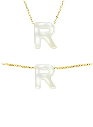 18k Gold R Letter Mother Of Pearl Jewellery Set 