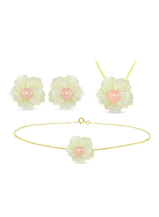 3-Piece18 Karat Solid Yellow Gold 19 mm Flower Shape Mother Of Pearl With 6-7 mm Pearl Jewellery 
