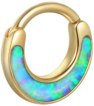 Opal Inlay Clicker Yellow Gold Single Hoop Earring