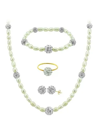 Pack Of 4 18 Karat Gold Built-in Gradual Crystal Balls And Pearls Strand Set 