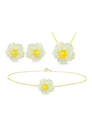3-Piece18 Karat Solid Yellow Gold 19 mm Flower Shape Mother Of Pearl With 6-7 mm Pearl Jewellery 