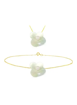 2-Piece 18 Karat Solid Yellow Gold Mother Of Pearl With 7 mm Flower Shape Pearl Jewellery 