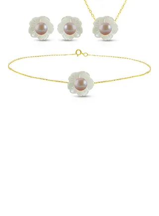 18 Karat Solid Yellow Gold Mother Of Pearl Shell With 4 mm Pearl Jewellery Set 