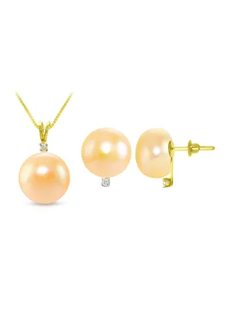 18 Karat Gold 0.06 Carat Diamonds 9-10 mm Pearl Pendant Necklace And Earrings Set 